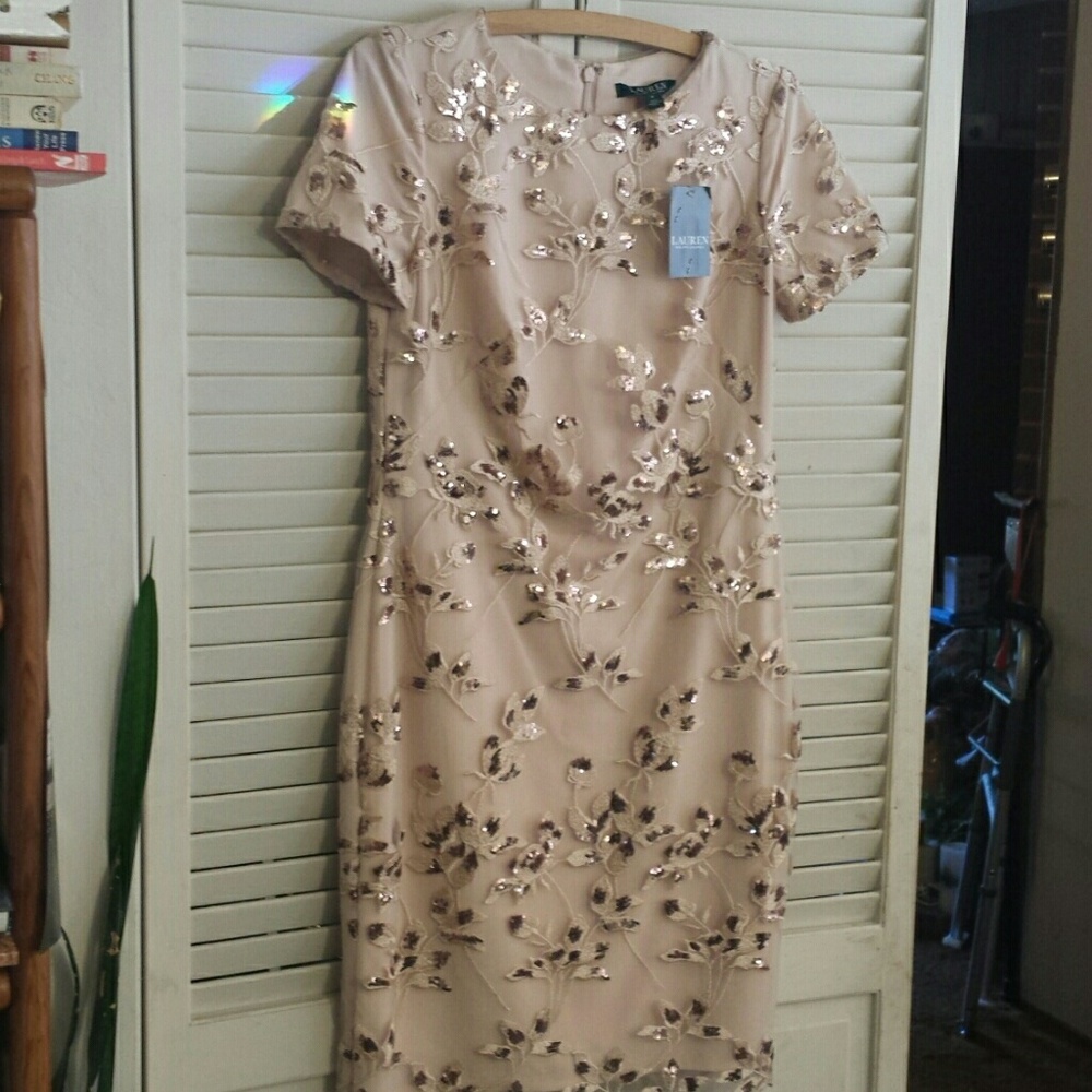 NWT Ralph Lauren Rose Gold Foral Sequin Dress Sz 2